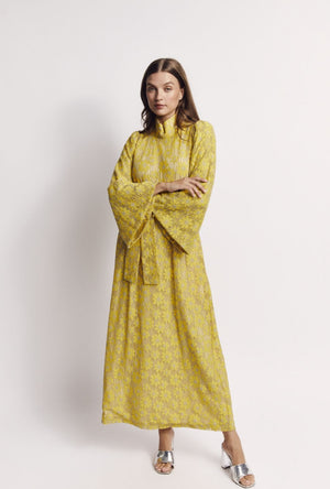 Bell Sleeve Maxi Mod Dress - Yellow Lace