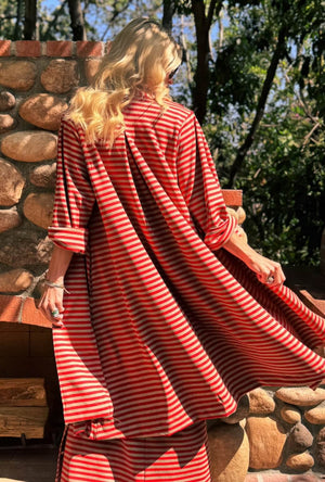 Belted Swing Coat - Taupe & Red Stripe Knit