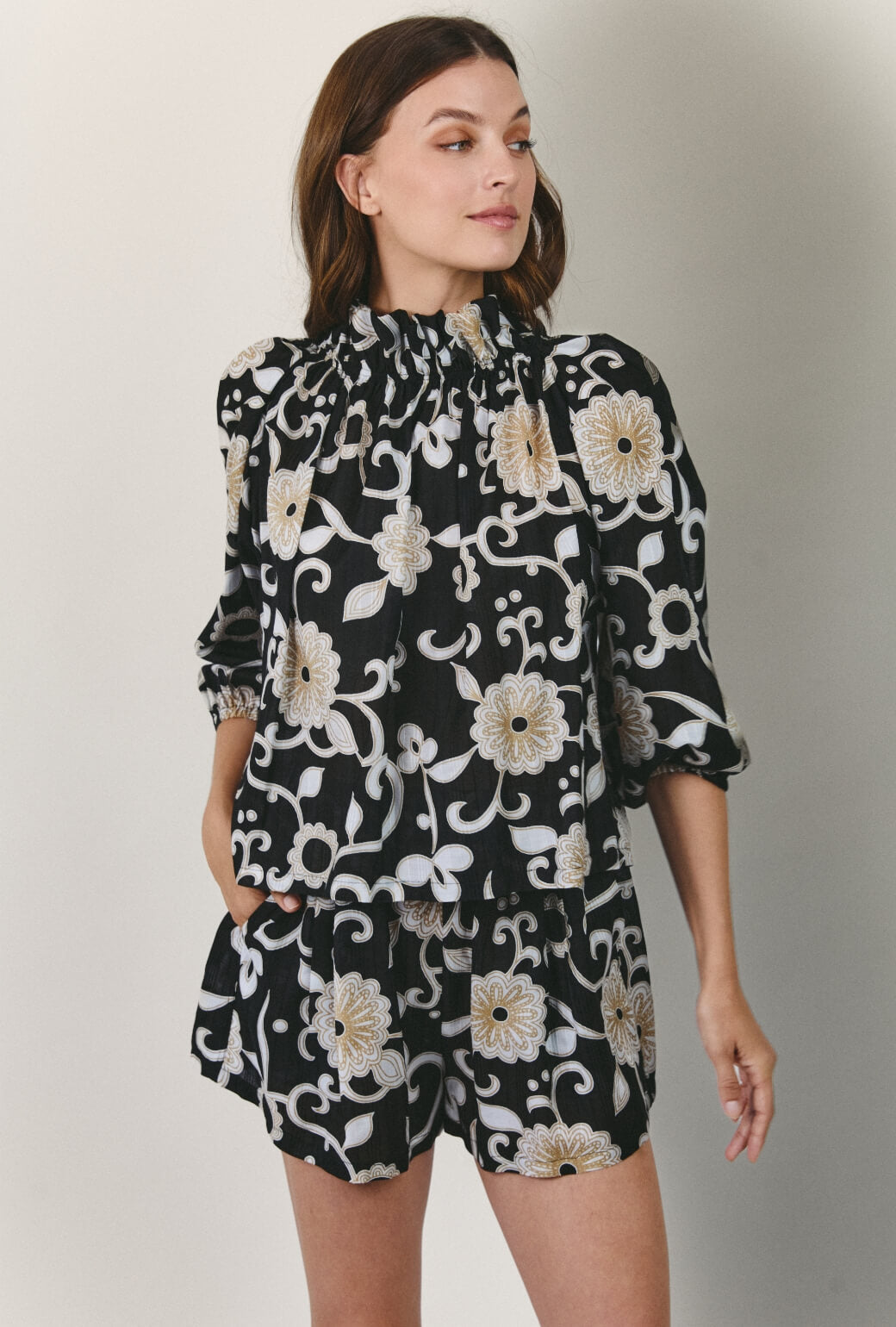 Bettie Ann Blouse - Black and Ivory Floral