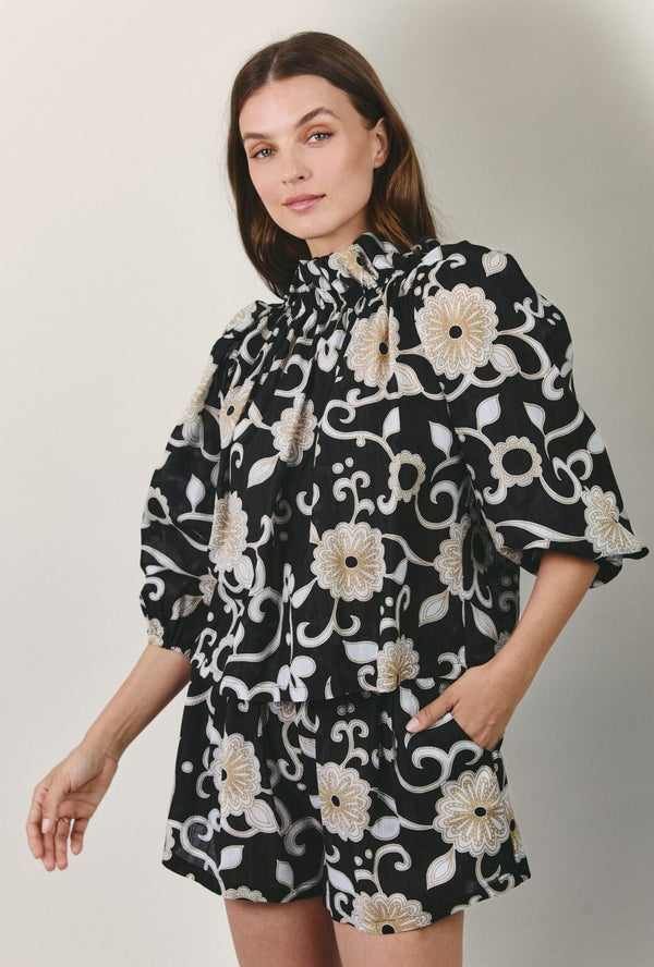 Bettie Ann Blouse - Black and Ivory Floral