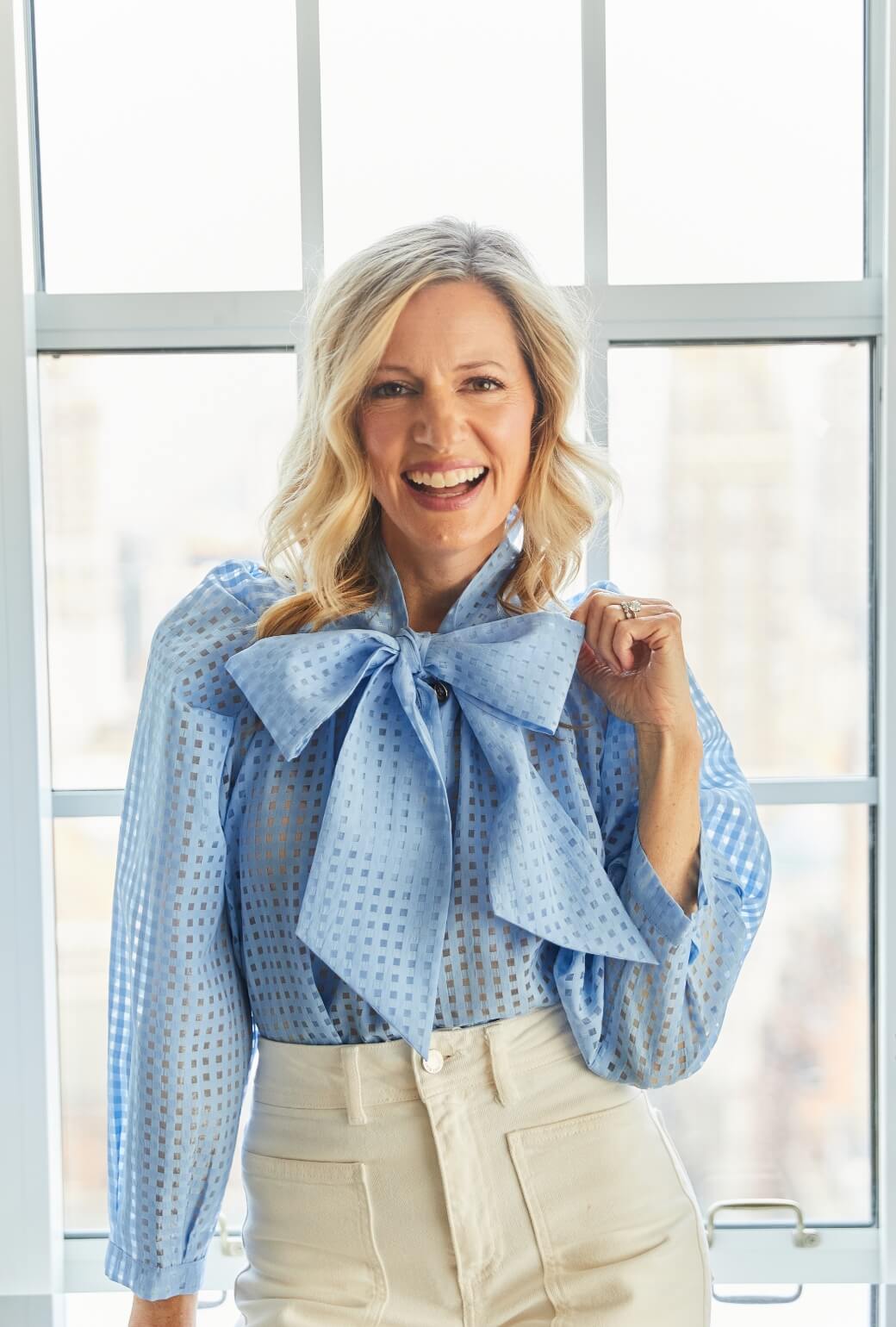 Big Bow Blouse - Blue Sheer Gingham
