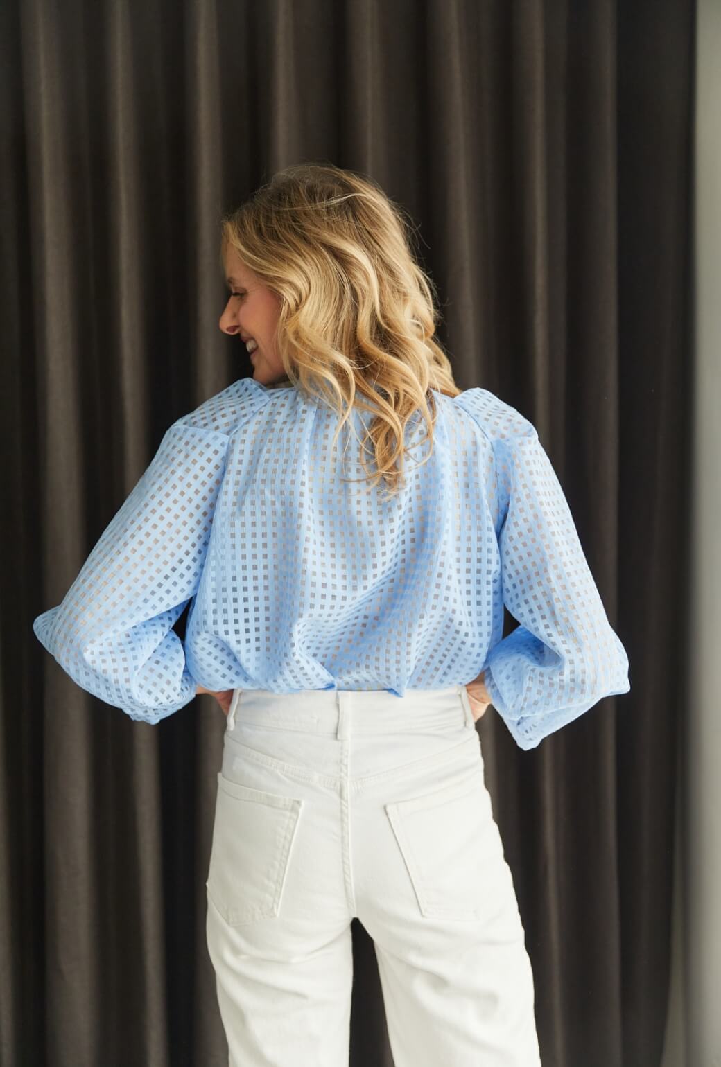 Big Bow Blouse - Blue Sheer Gingham