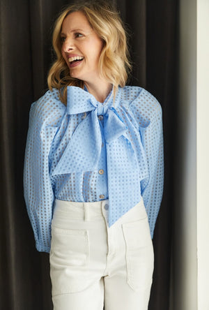Big Bow Blouse - Blue Sheer Gingham