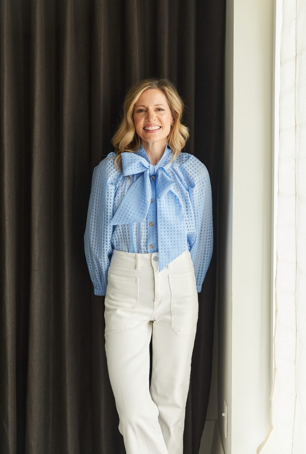 Big Bow Blouse - Blue Sheer Gingham