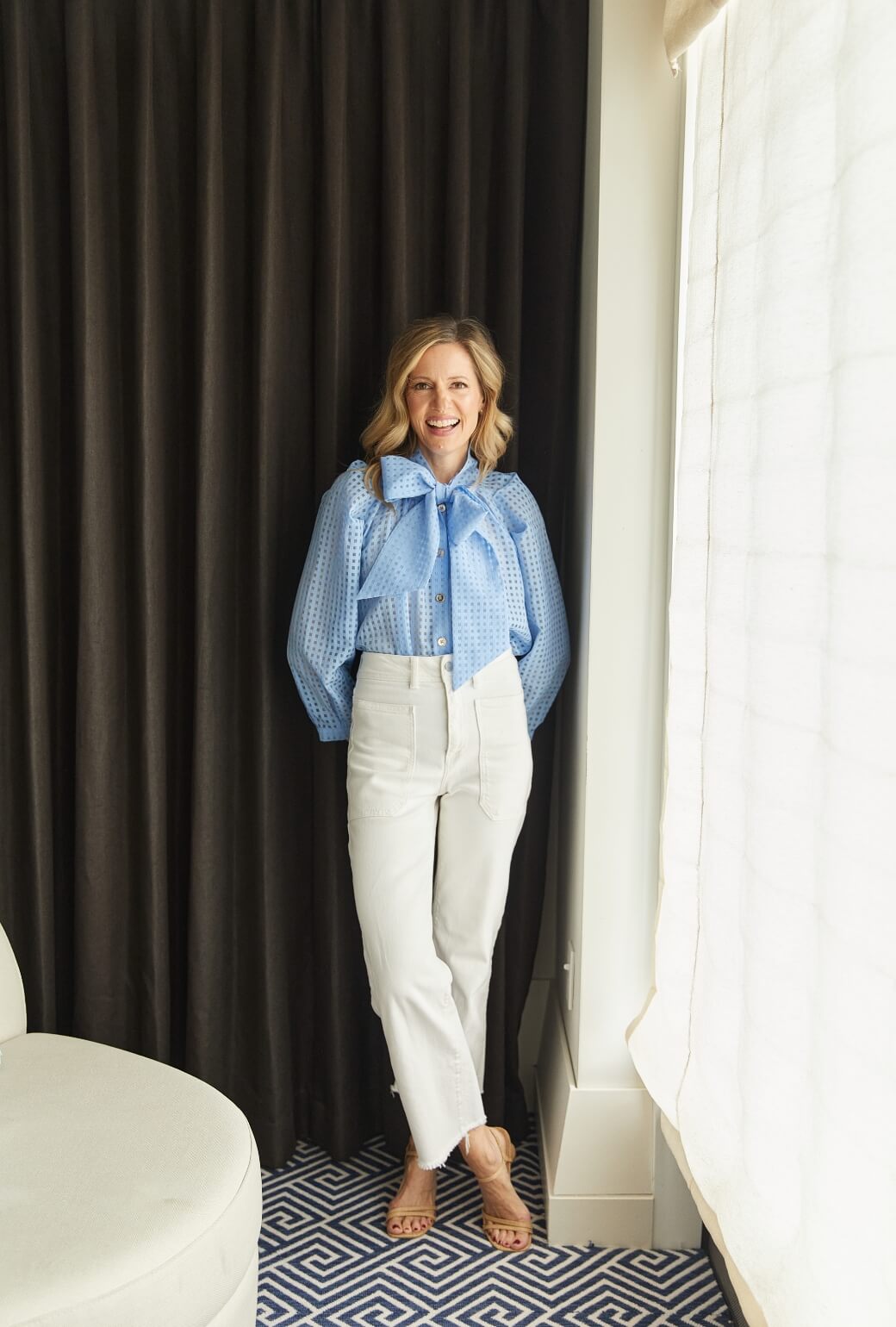 Big Bow Blouse - Blue Sheer Gingham