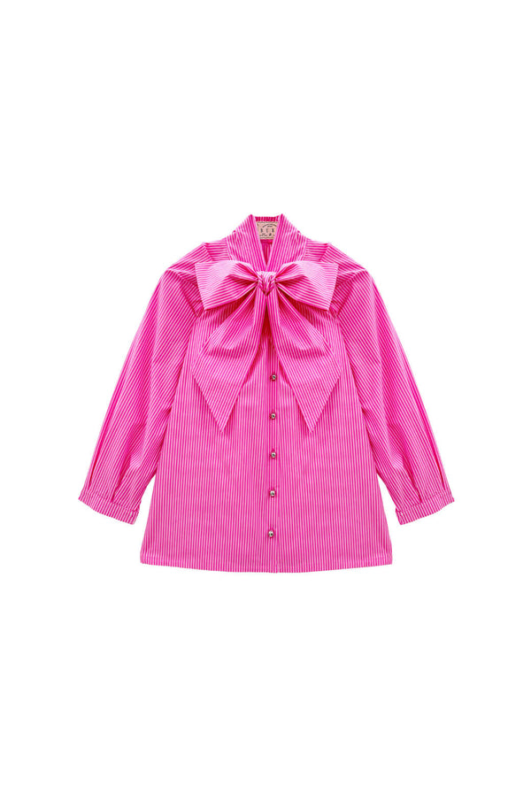 Big Bow Blouse - Pink Pinstripe
