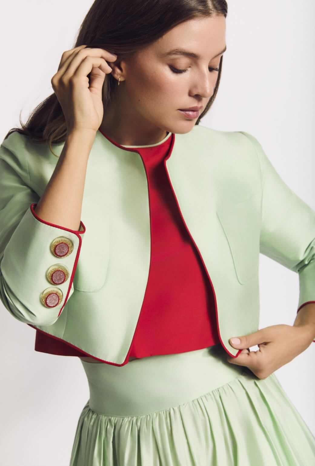 Bolero Blazer - Mint Taffeta with Red Contrast