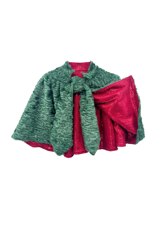 Buru x Anna Kloots Reversible Capelet - Evergreen Fur & Metallic Red Sequins