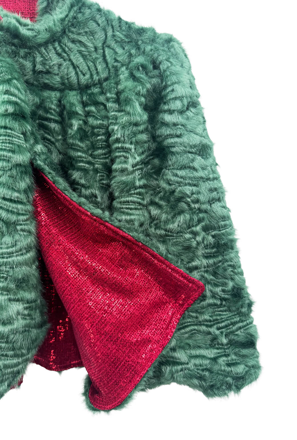 Buru x Anna Kloots Reversible Capelet - Evergreen Fur & Metallic Red Sequins
