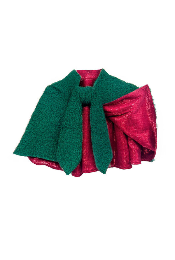 Buru x Anna Kloots Reversible Capelet 2.0 - Deep Green Teddy Fur & Metallic Red Sequins