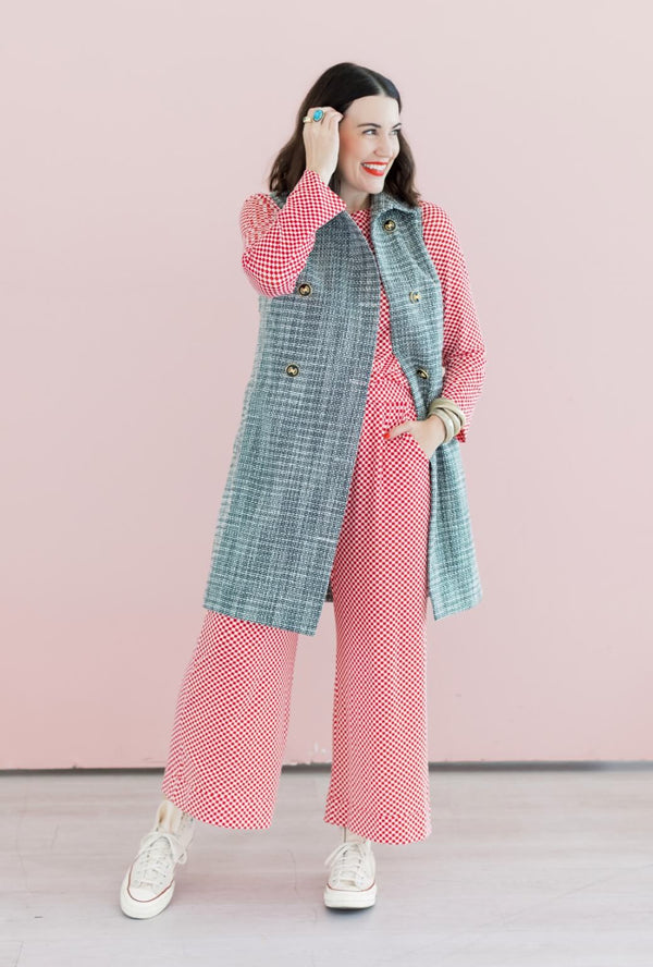 Buru x Val Wide Leg Knit Trouser - Red & White Checkerboard