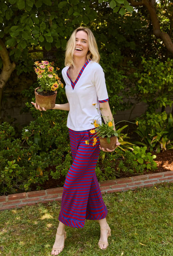 Wide Leg Knit Trouser - Red & Blue Stripe