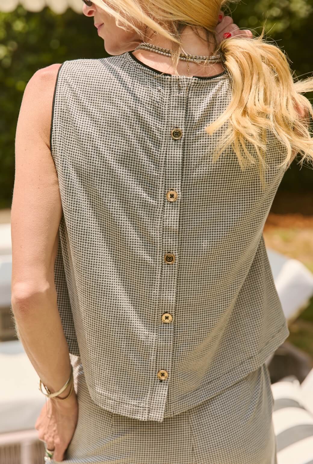 Crew Neck Blouse - Black Gingham Knit
