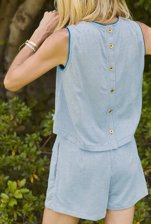 Crew Neck Blouse - Blue Gingham Knit