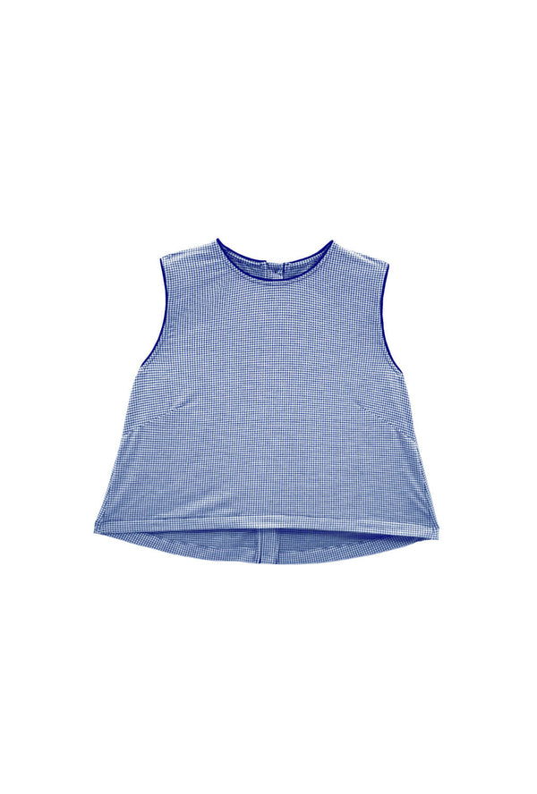 Crew Neck Blouse - Blue Gingham Knit