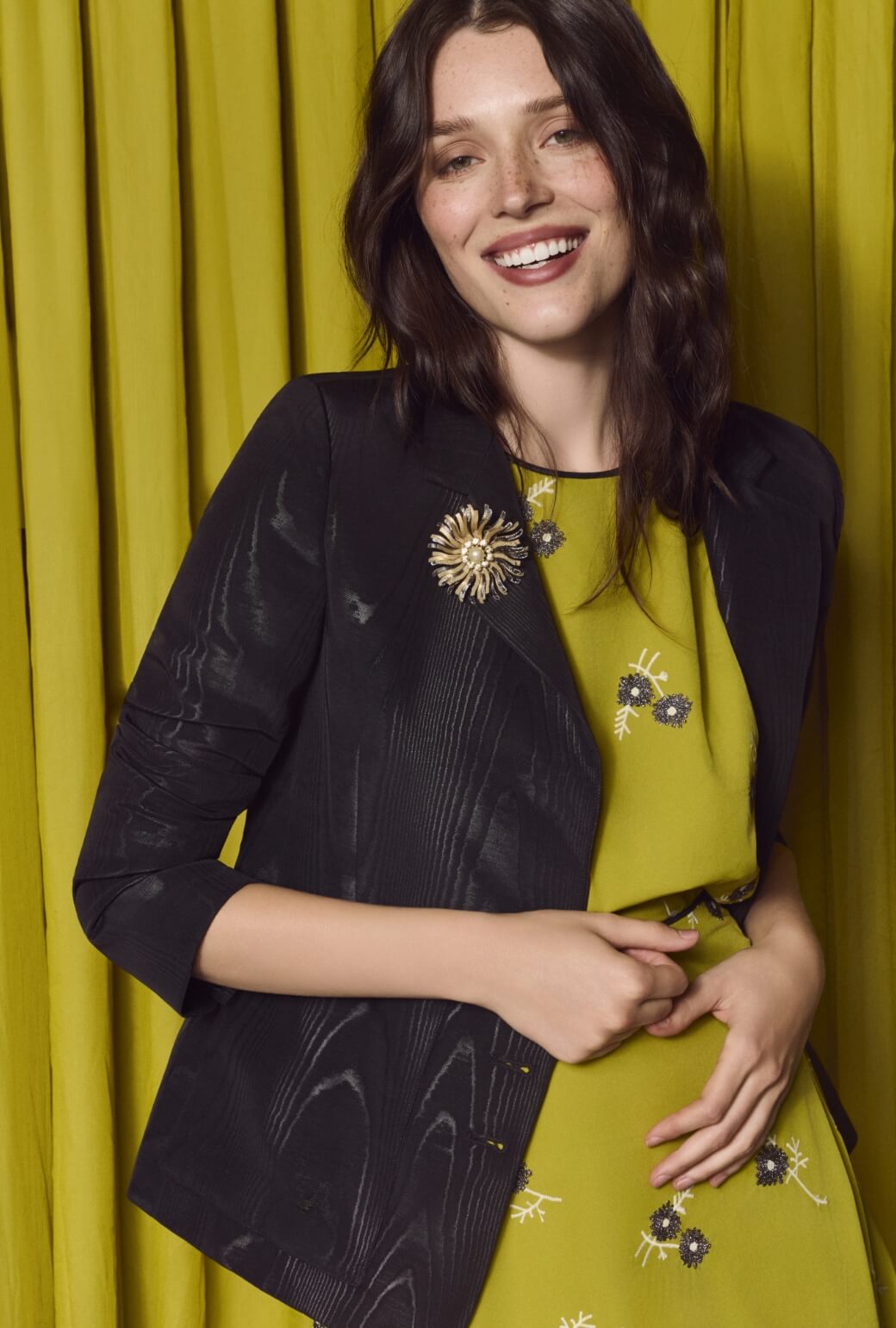 Crew Neck Blouse - Chartreuse Floral Embroidery