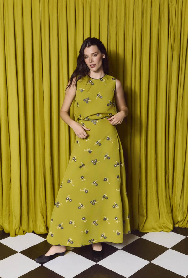 Crew Neck Blouse - Chartreuse Floral Embroidery