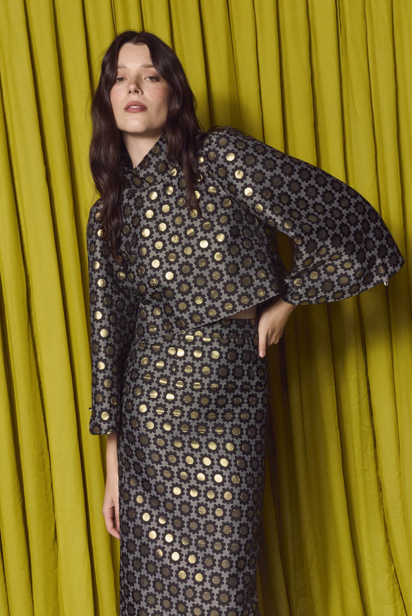 Cropped Bell Sleeve Mod Top - Black Daisy Brocade