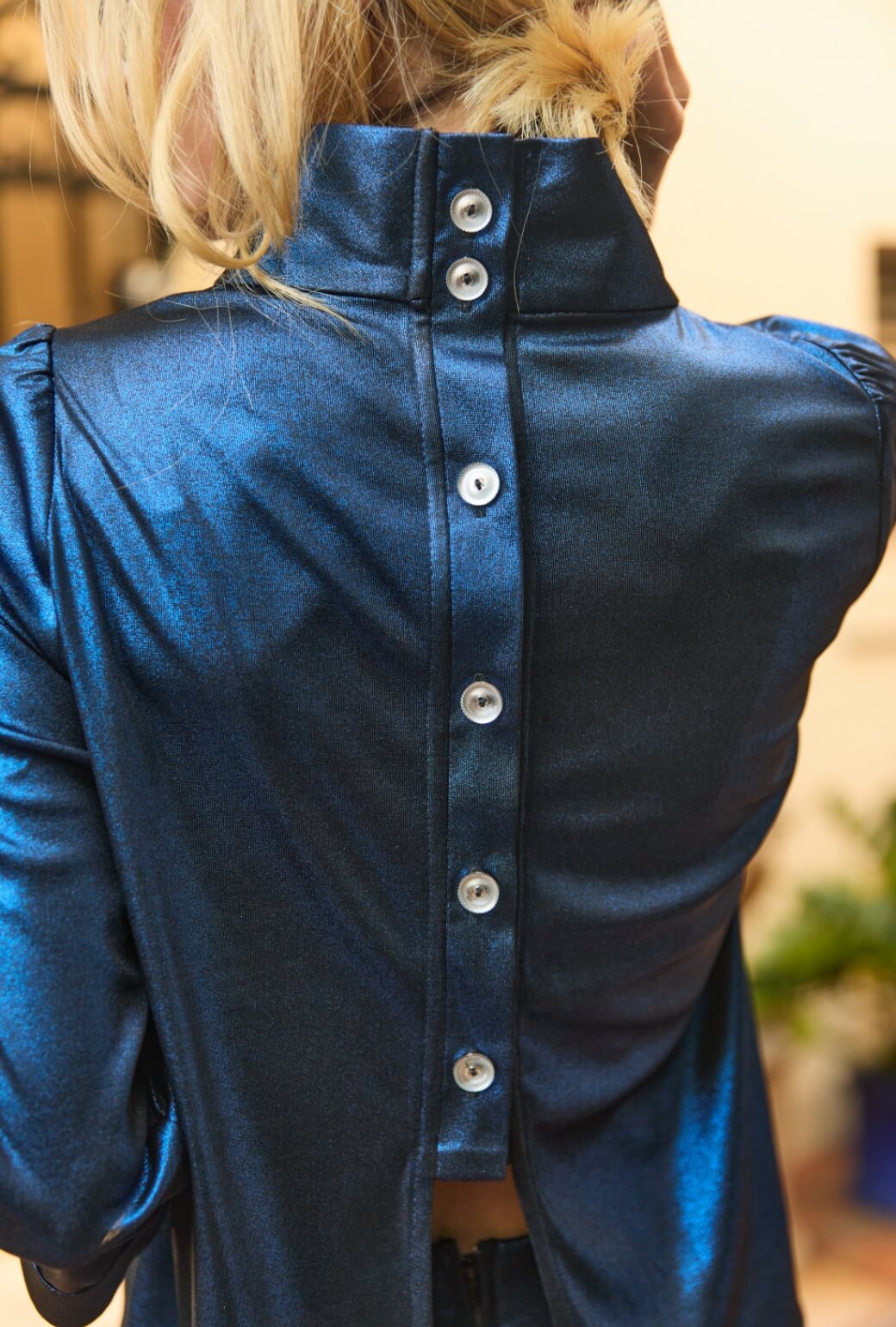 Cropped Long Sleeve Mod Top - Cobalt Lurex