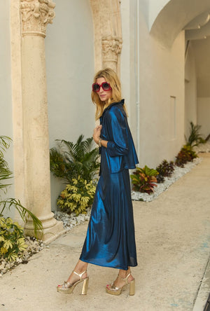 Cropped Long Sleeve Mod Top - Cobalt Lurex