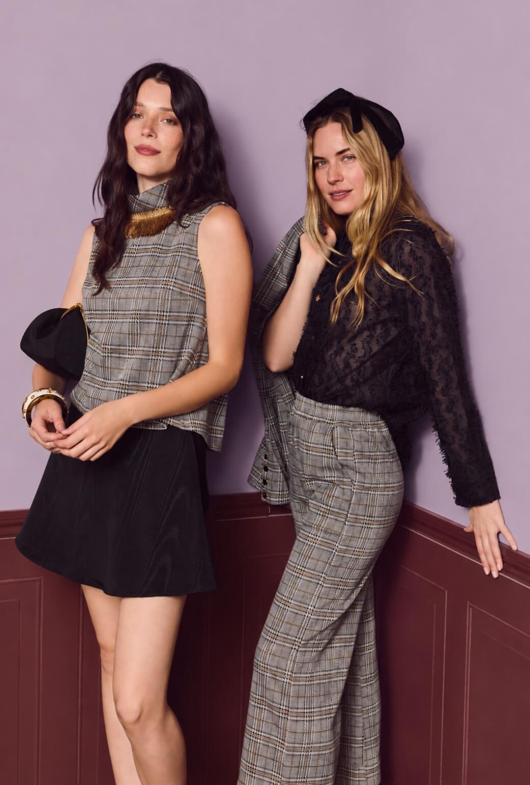 Cropped Sleeveless Mod Top - Black & Gold Glen Plaid Knit