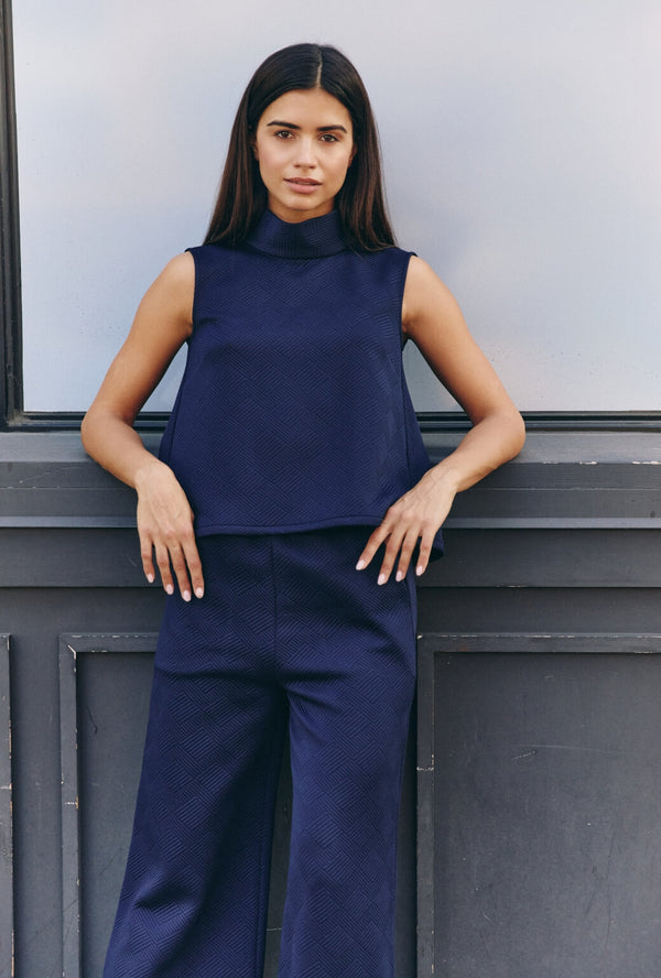 Cropped Sleeveless Mod Top - Navy Jacquard Knit