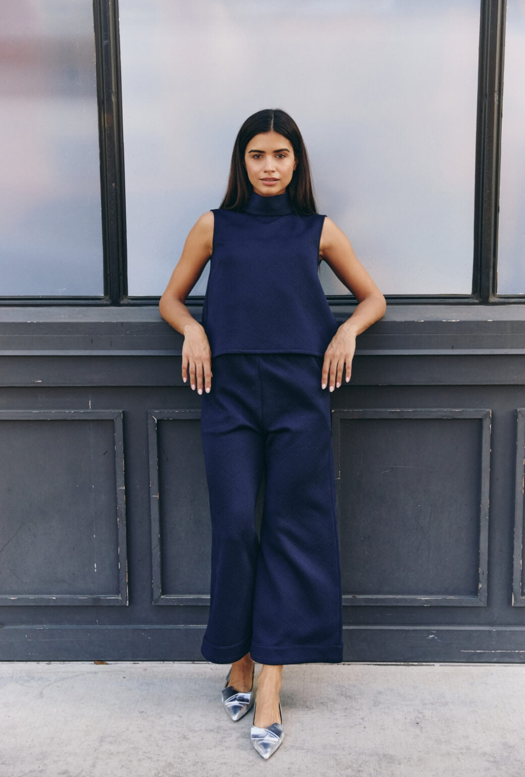 Wide Leg Knit Trouser - Navy Jacquard Knit