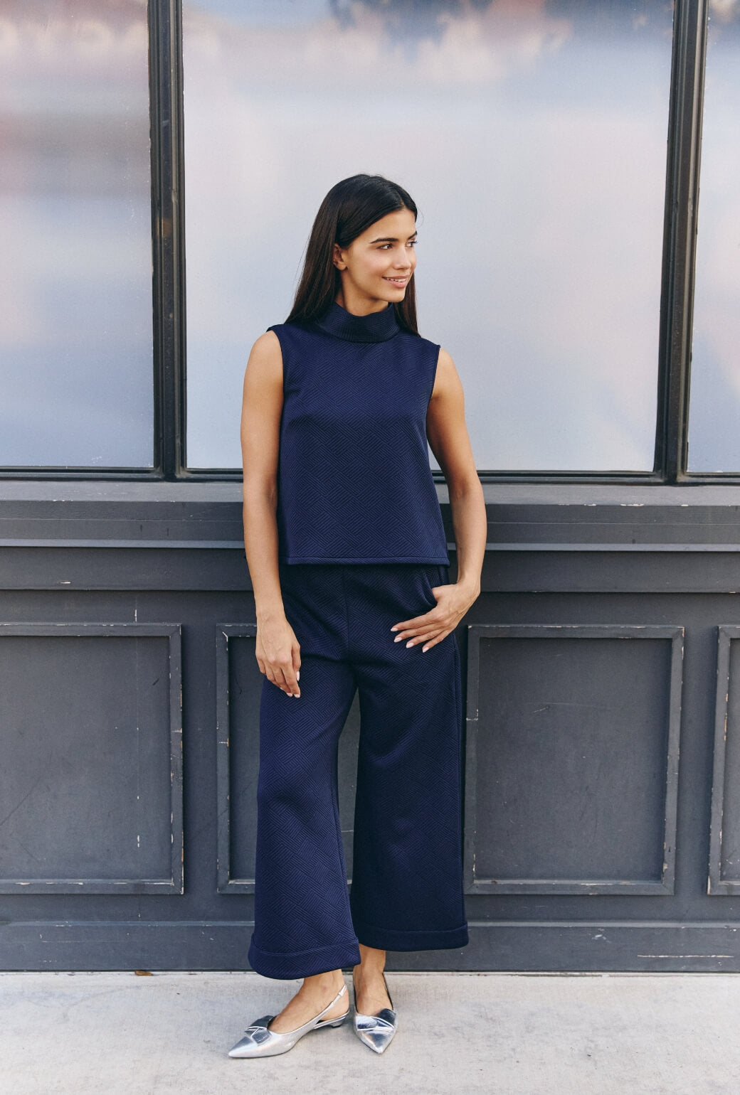 Cropped Sleeveless Mod Top - Navy Jacquard Knit