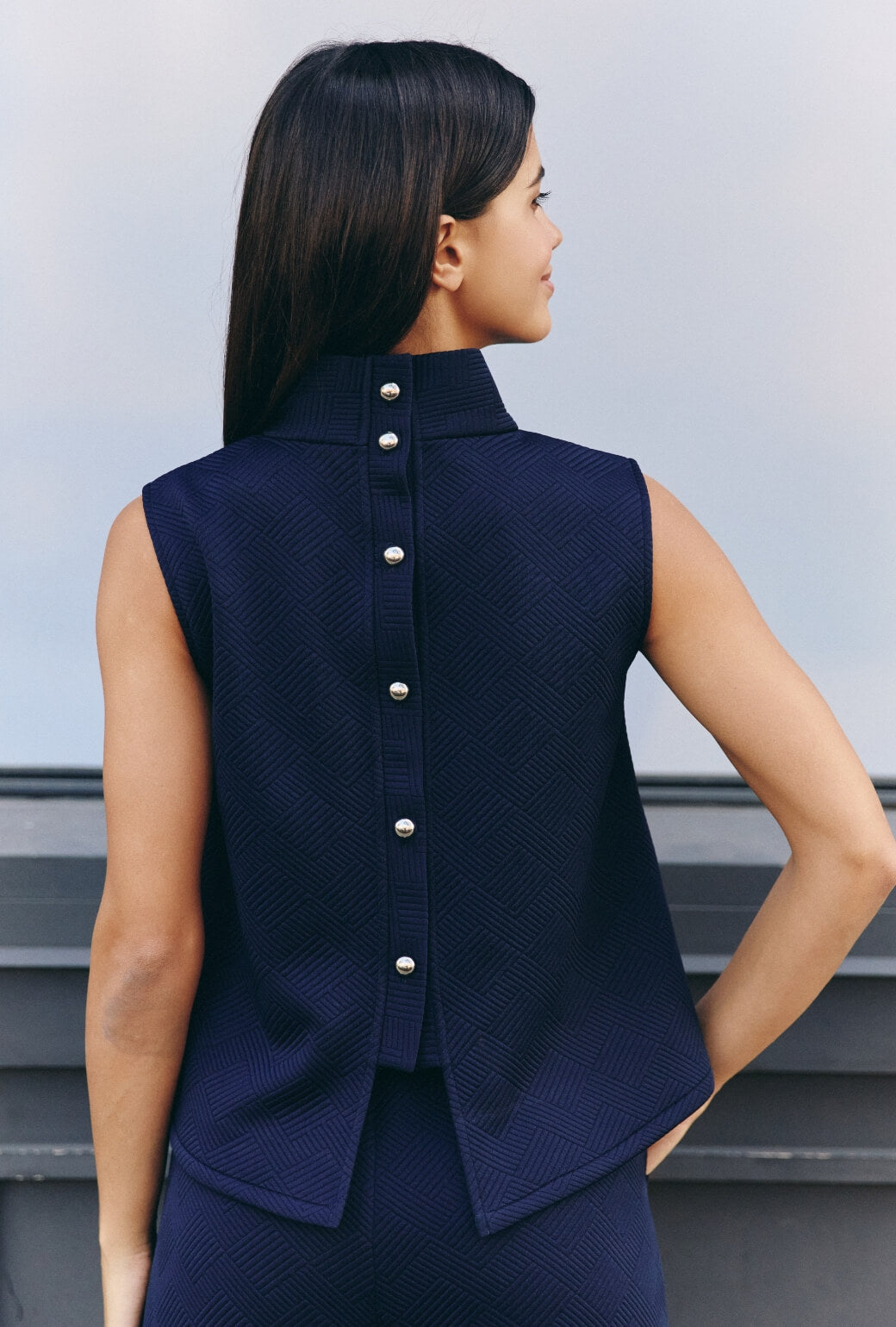 Cropped Sleeveless Mod Top - Navy Jacquard Knit