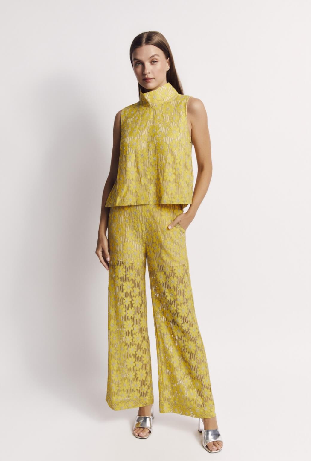 Cropped Sleeveless Mod Top - Yellow Lace