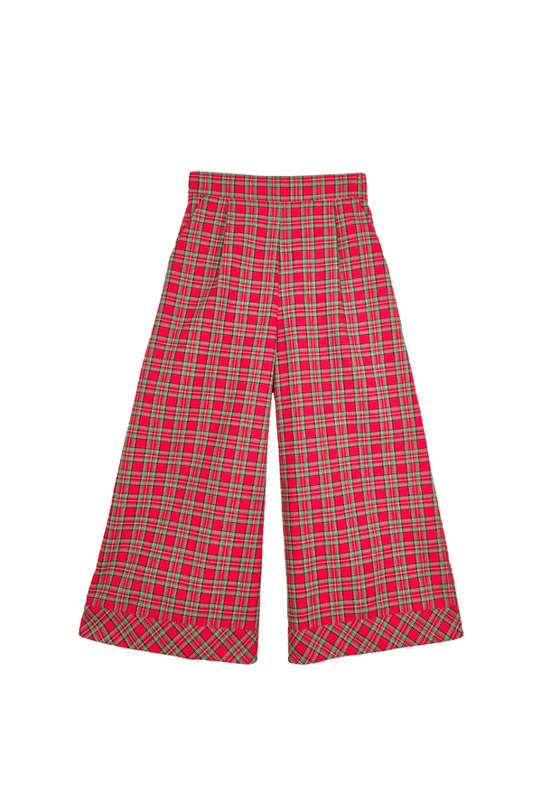 Cropped Wide Leg Trousers - Red Tartan