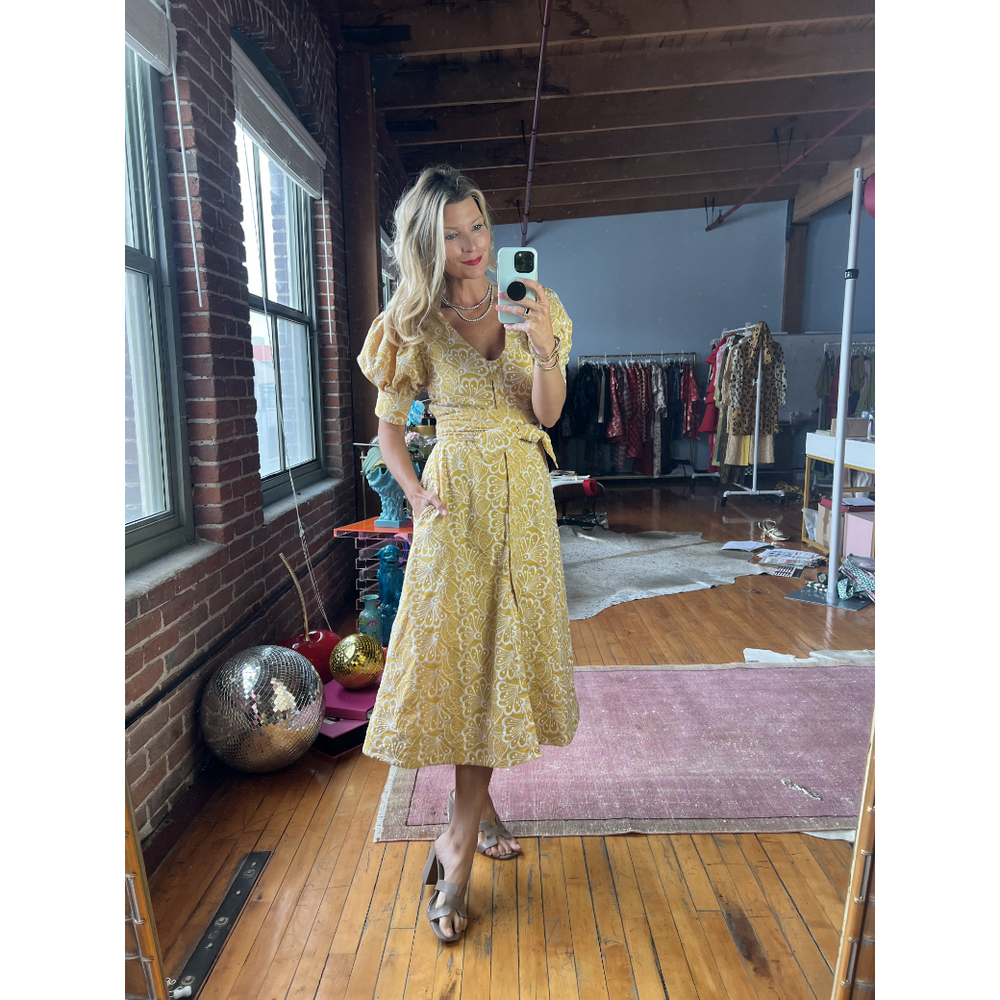 Deep V Day Gown - MIDI - Mustard Embroidery, image