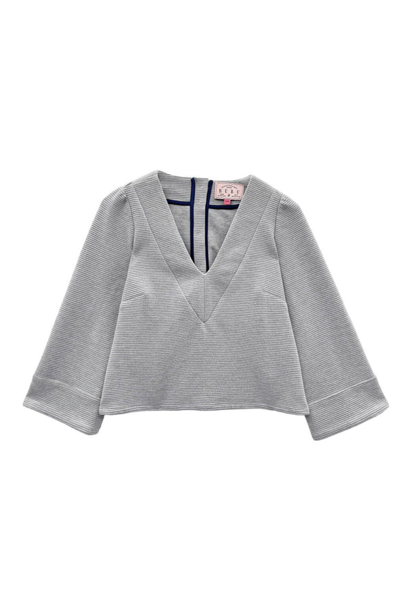 Deep V Long Sleeve Mod Top - Grey Ottoman Rib