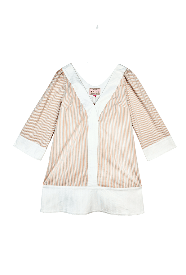 SAMPLE Deep V Mini Kaftan - Clementine & Khaki Seersucker