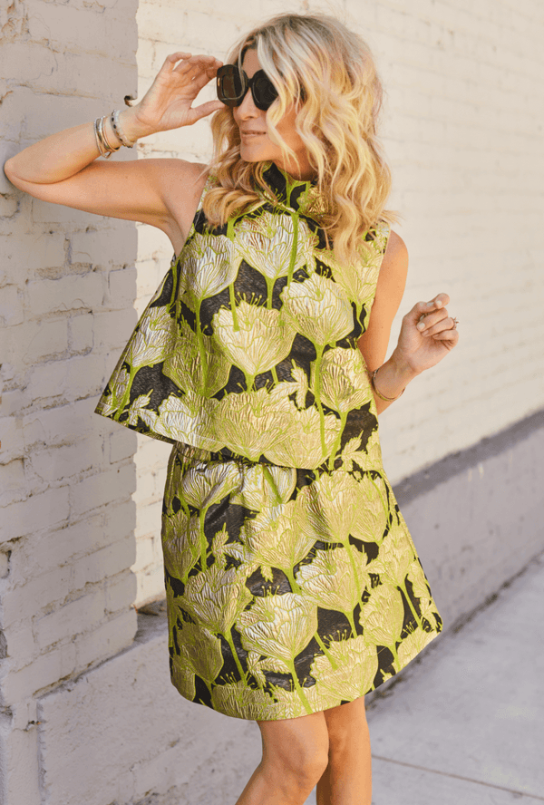 Everyday MINI Skirt - Chartreuse and Black Brocade