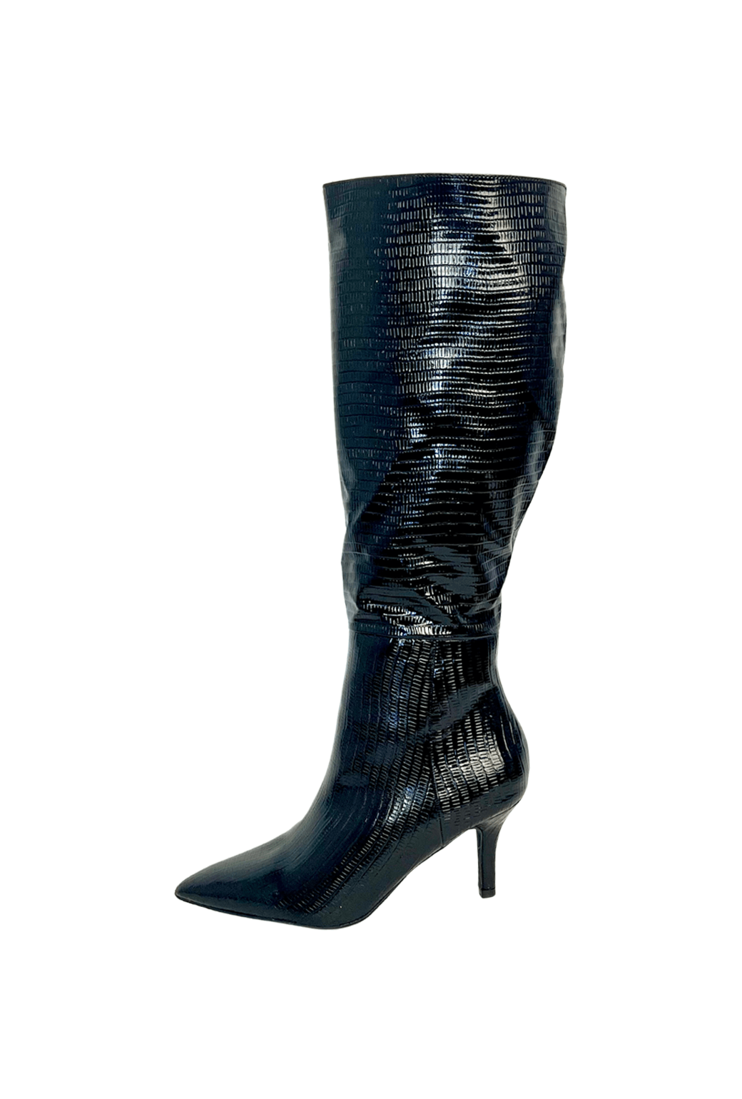 SAMPLE - Faux Snake Knee High Boot - Black Patent