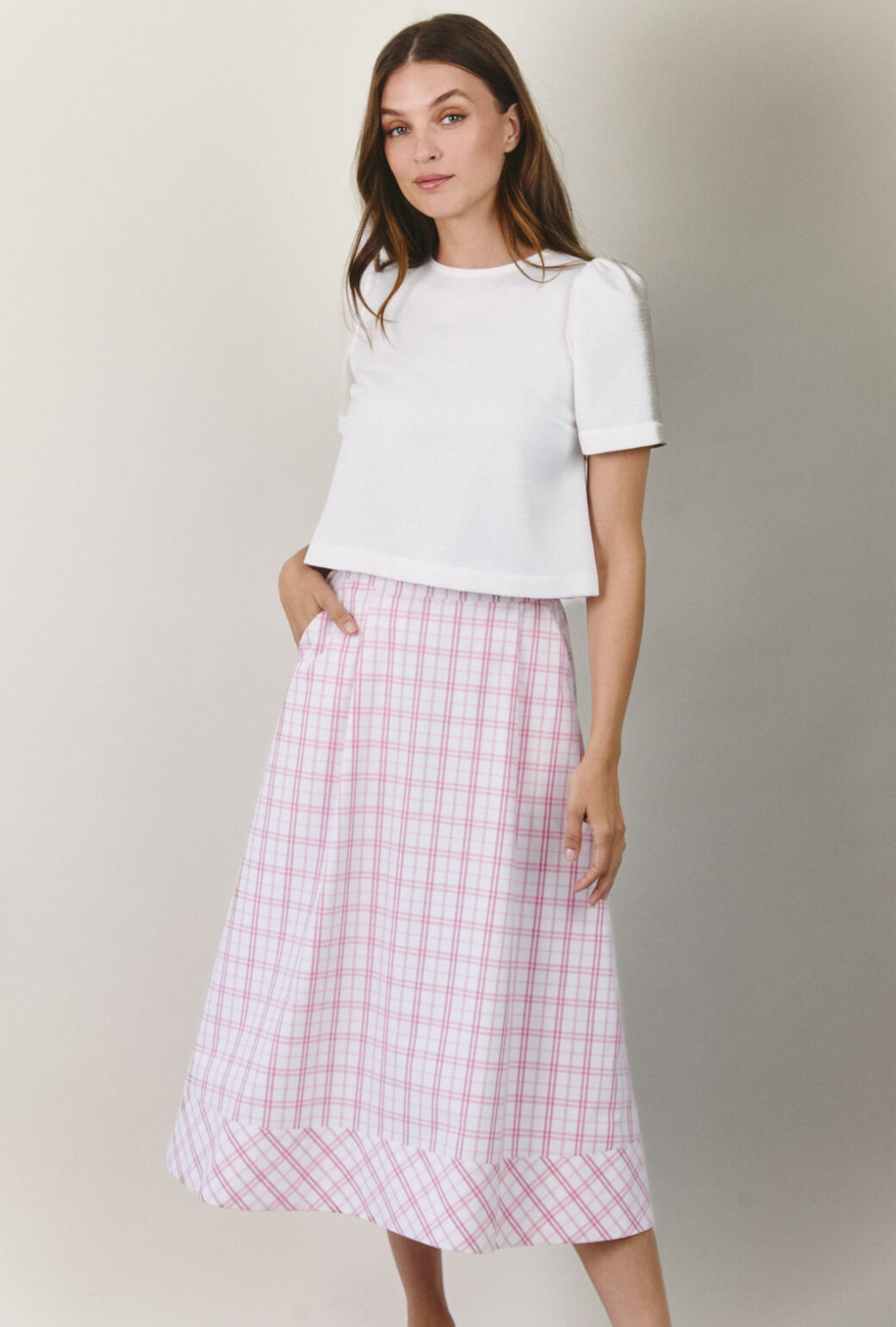 Flat Front MIDI Skirt  - Pink Windowpane Plaid