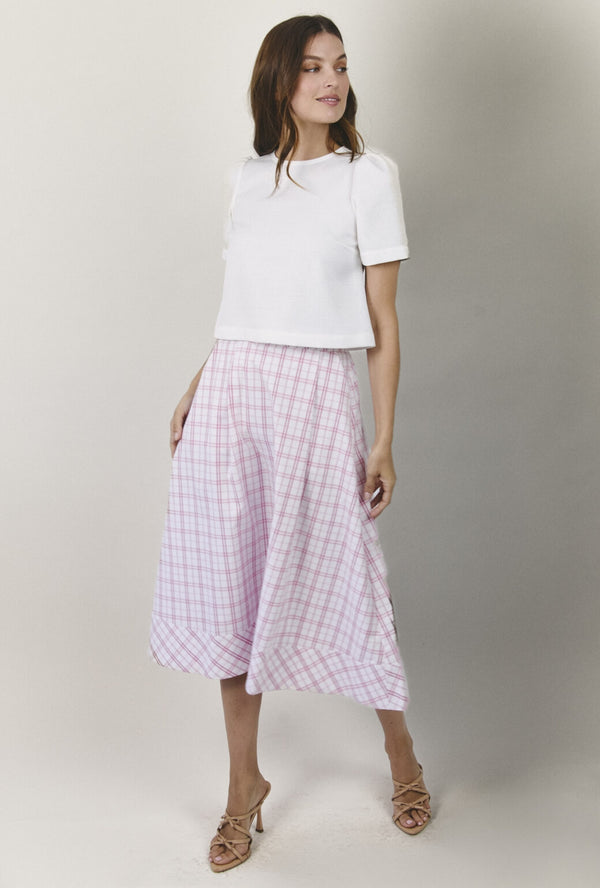 Flat Front MIDI Skirt  - Pink Windowpane Plaid