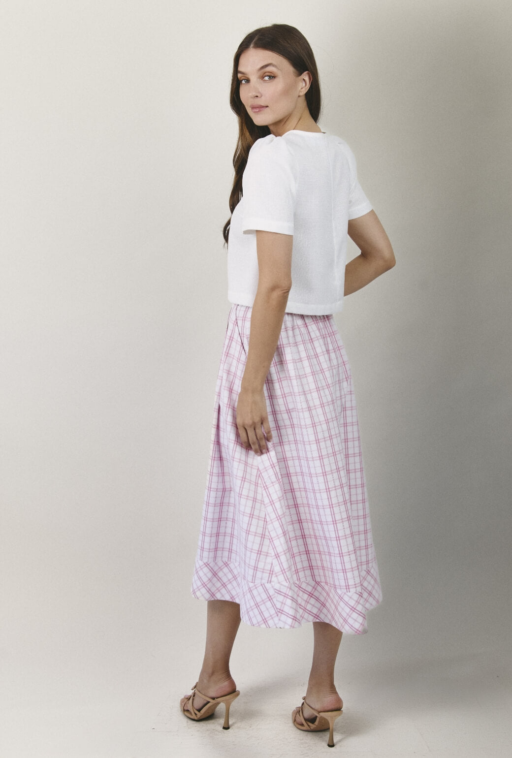 Flat Front MIDI Skirt  - Pink Windowpane Plaid