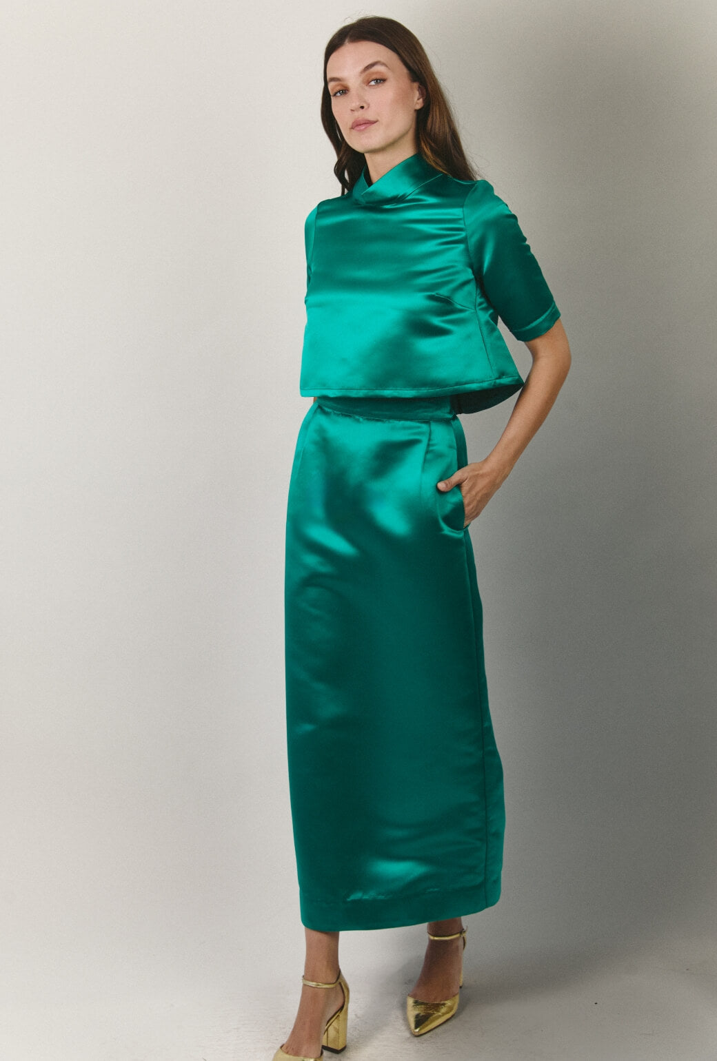 Hostess Skirt Maxi - Green Satin