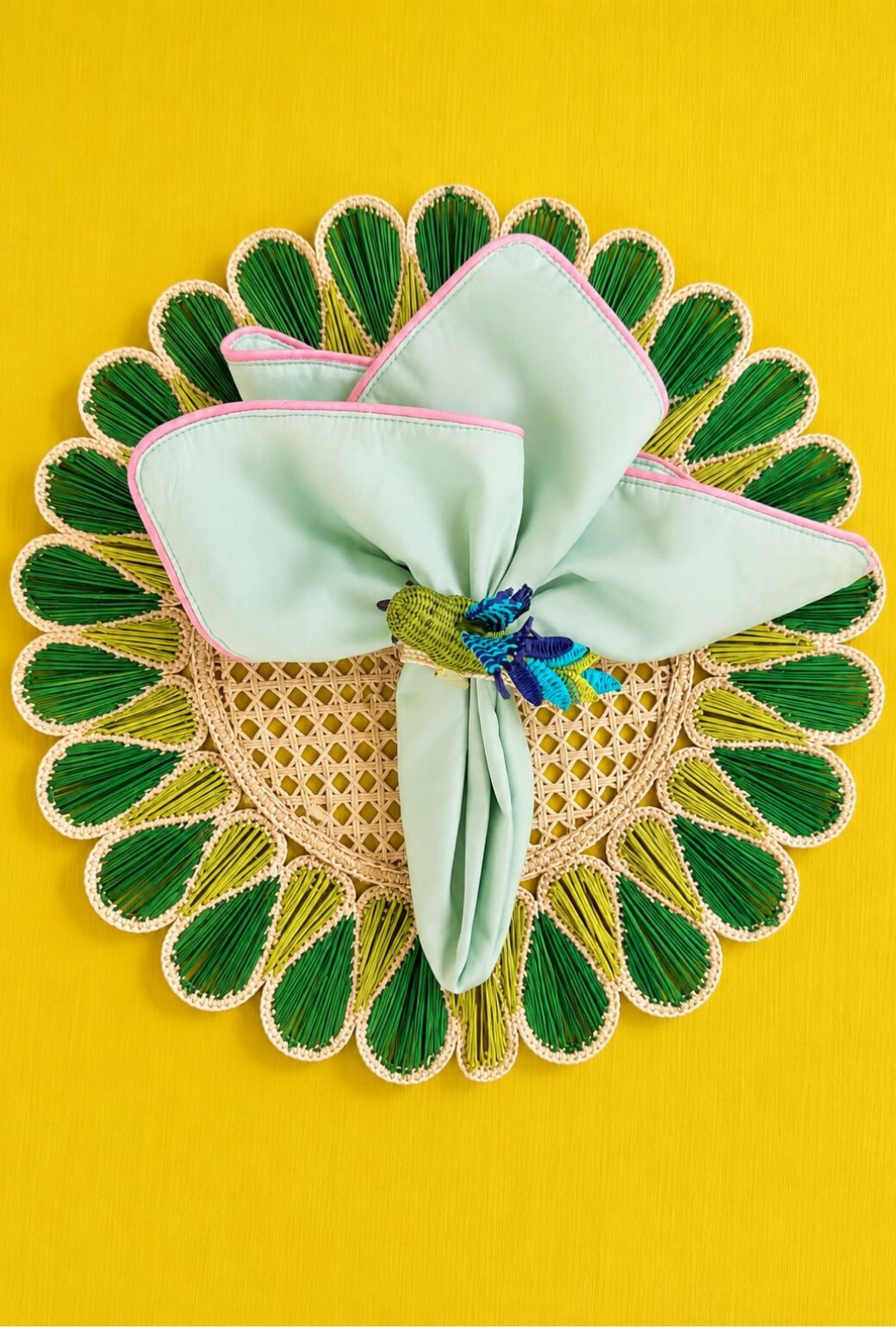Hummingbird Rattan Napkin Rings - Chartreuse and Aqua