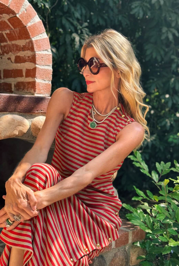 Jackie Dress Maxi - Taupe & Red Stripe Knit