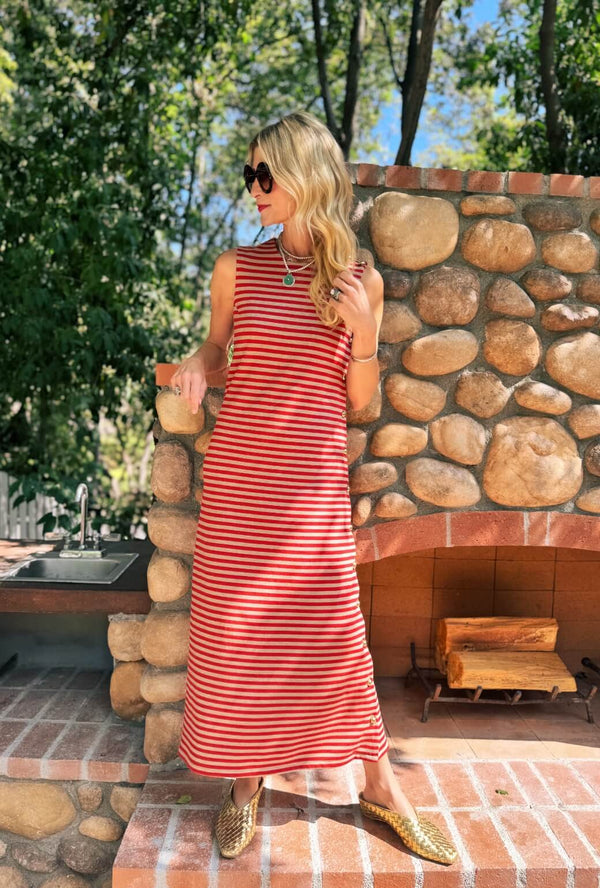 Jackie Dress Maxi - Taupe & Red Stripe Knit