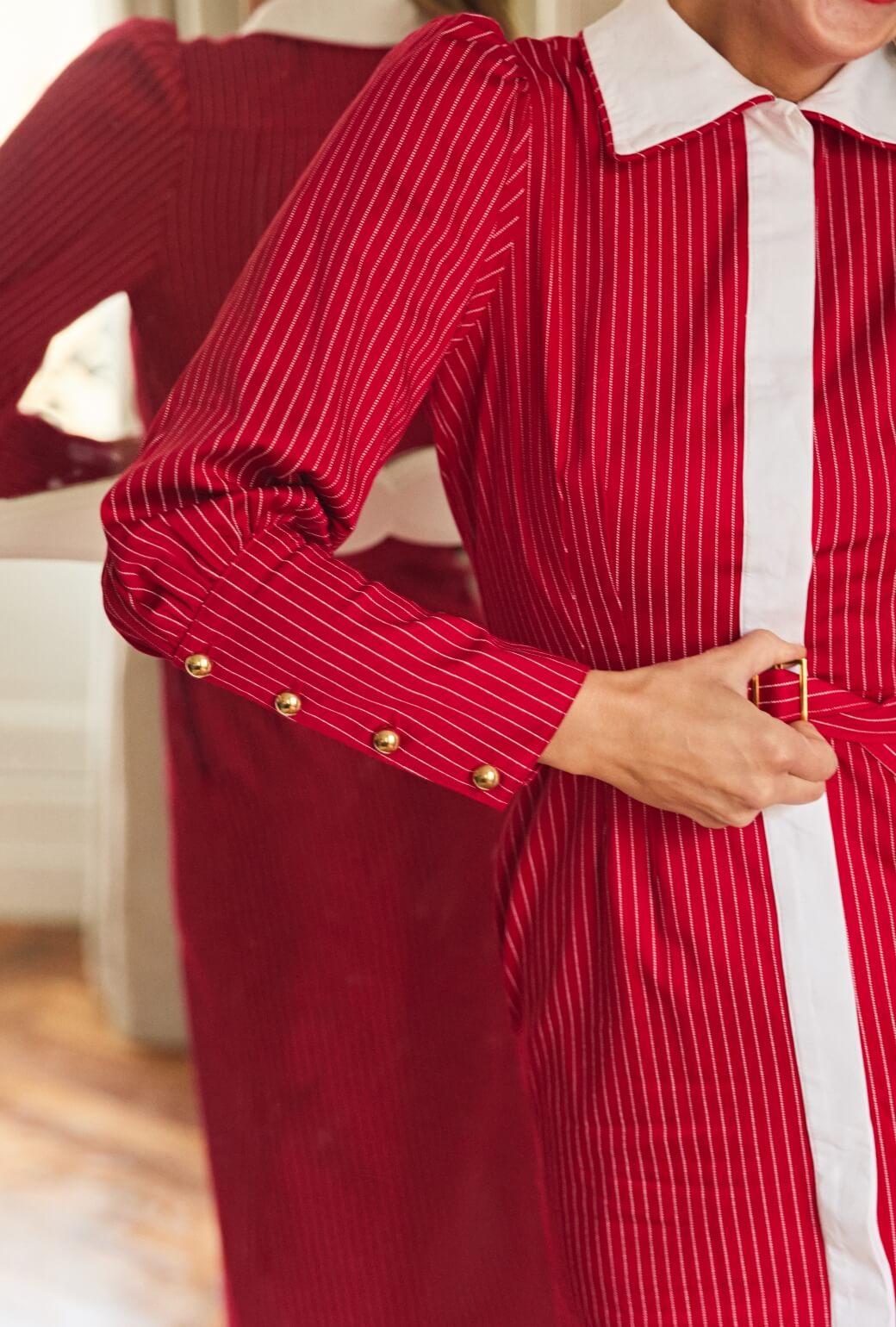 Buru x Anna Kloots Long Sleeve Maxine Shirtdress - Red Pinstripe