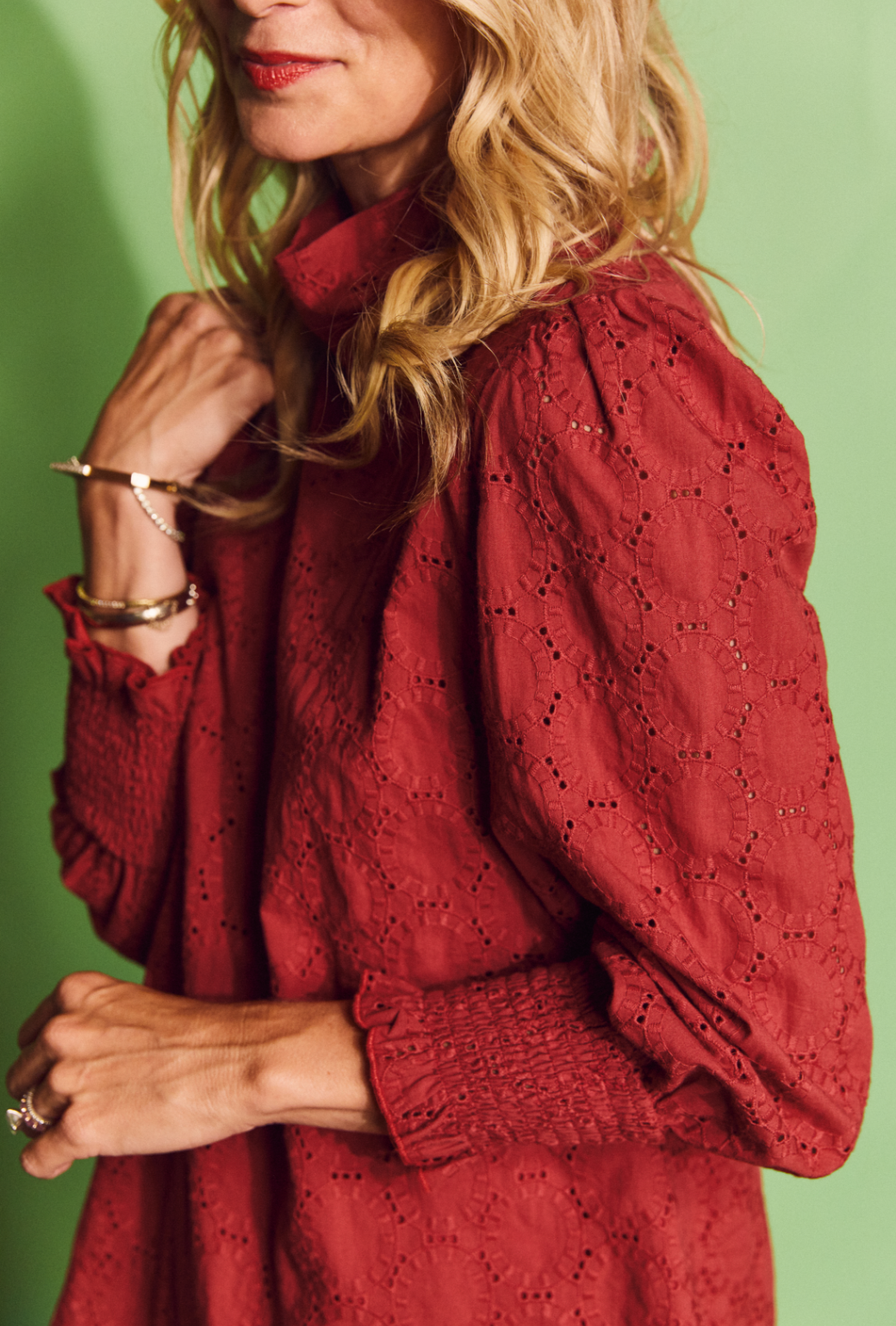 Long Sleeve Mod Top - Crimson Eyelet