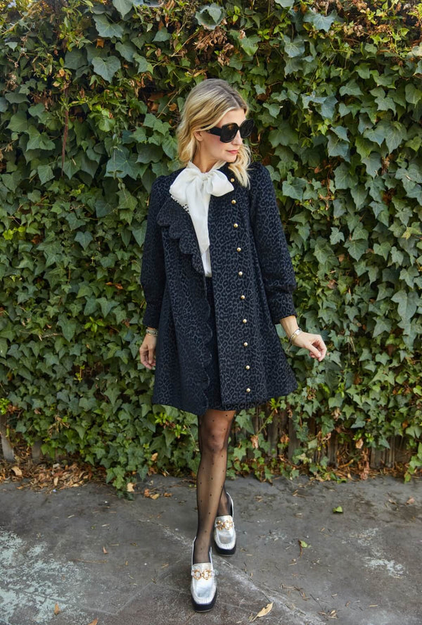 Long Sleeve Scallop Shift Dress - Black Cheetah Corduroy