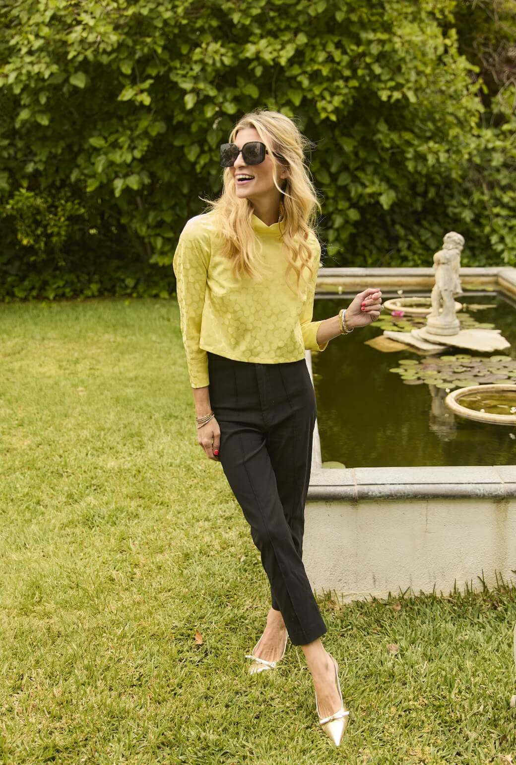 Long Sleeve Twiggy Top - Yellow Satin Polka Dot