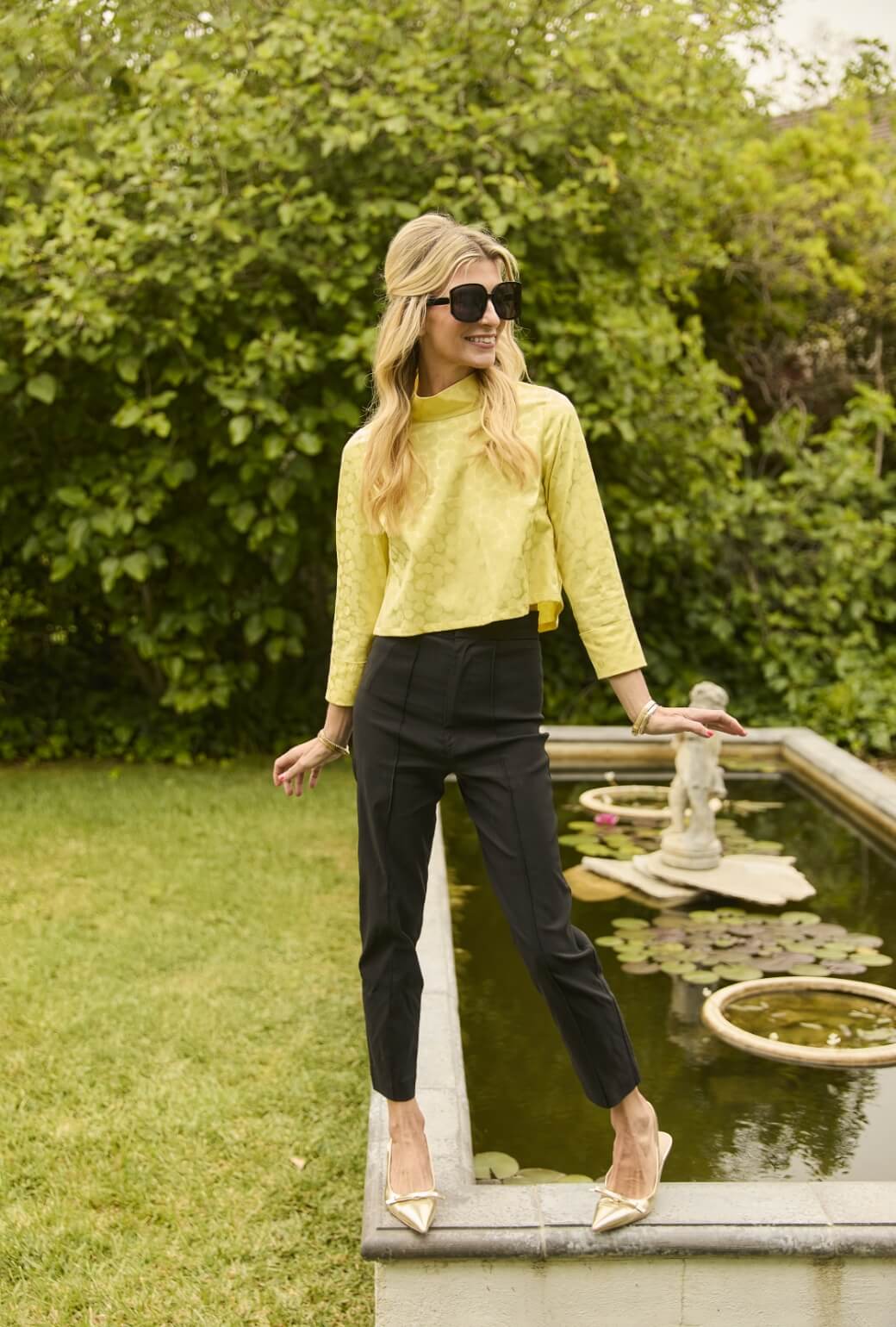 Long Sleeve Twiggy Top - Yellow Satin Polka Dot