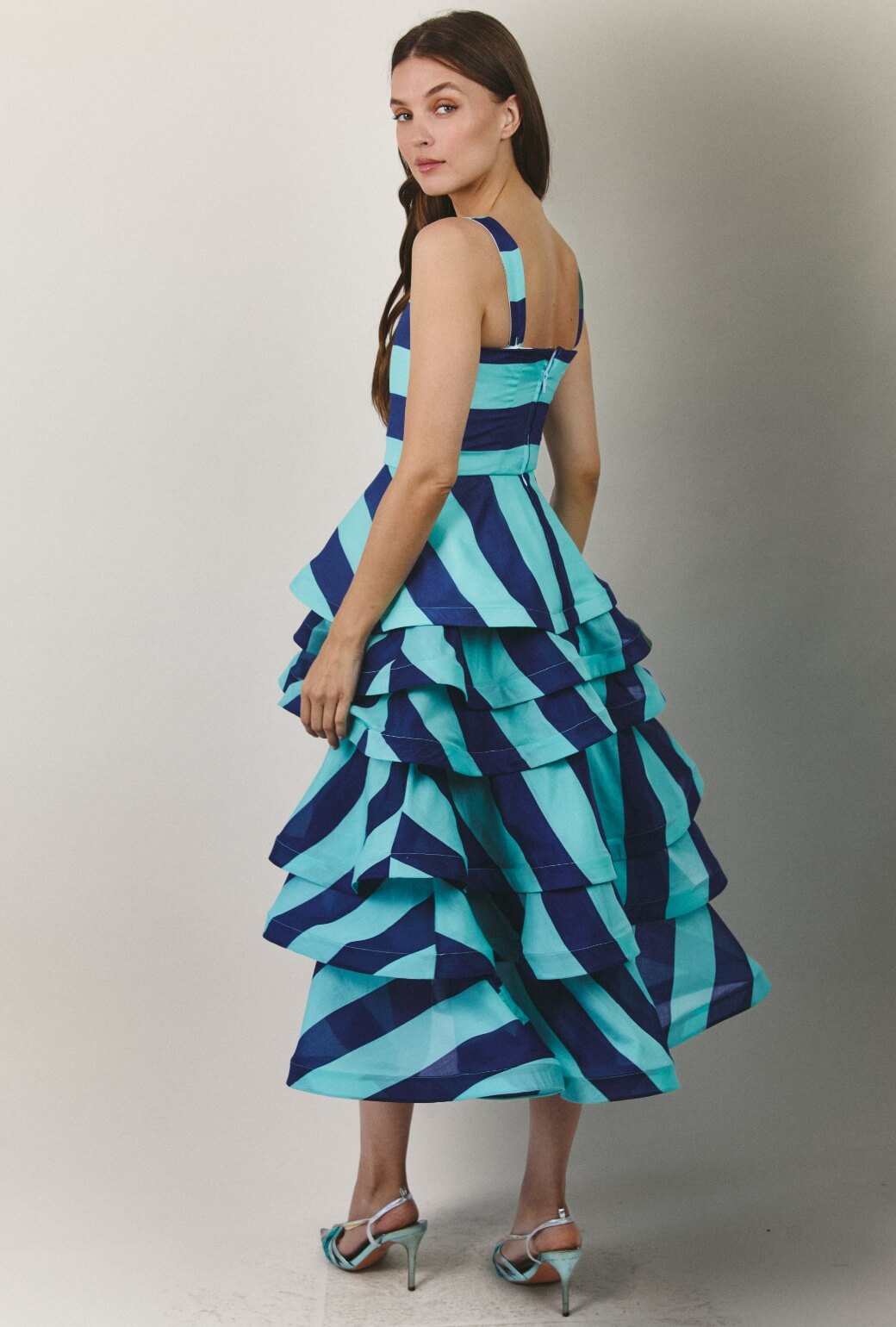 MIDI Teagan Skirt - Turquoise and Blue Stripe Silk