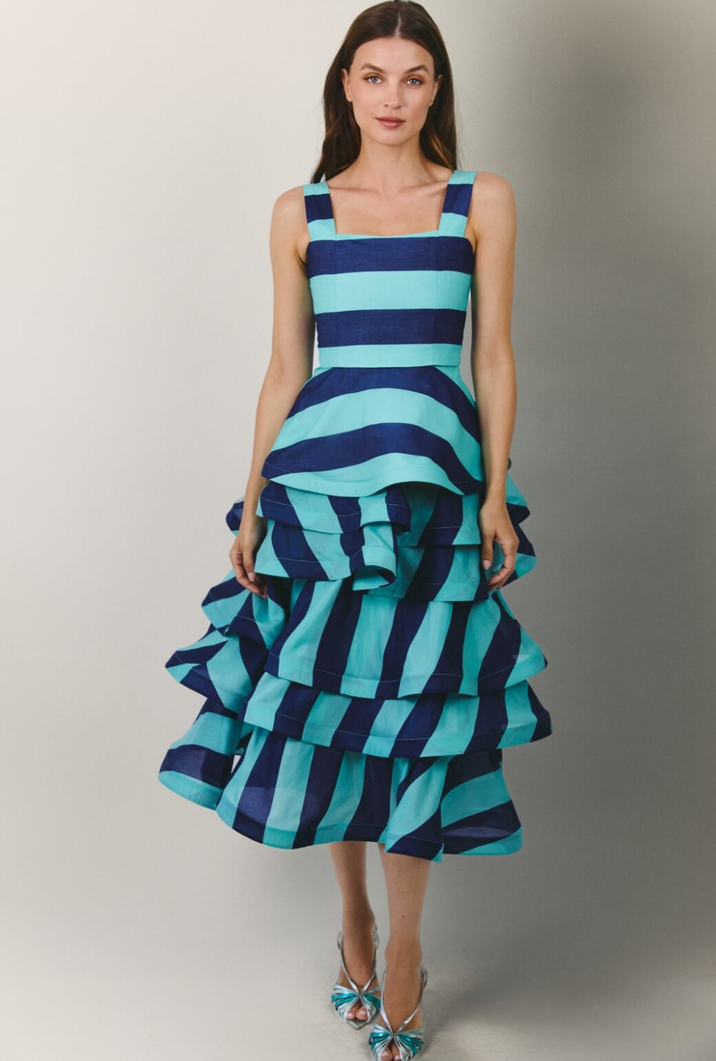 MIDI Teagan Skirt - Turquoise and Blue Stripe Silk